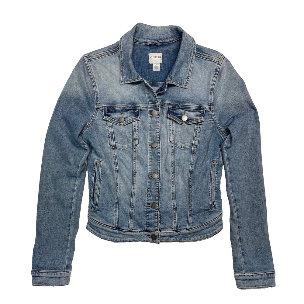 Guess Slim Trucker Jacket Women's Large Stretch Acid Wash Extreme Comfort Blue